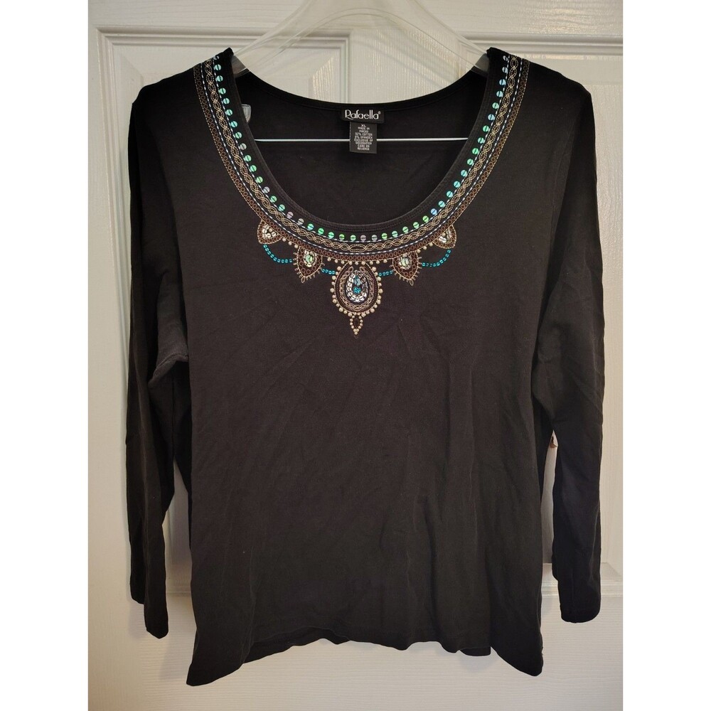 Rafaella Women’s Black Embroidered Sequin Scoop Neck Stretch Knit Top XL